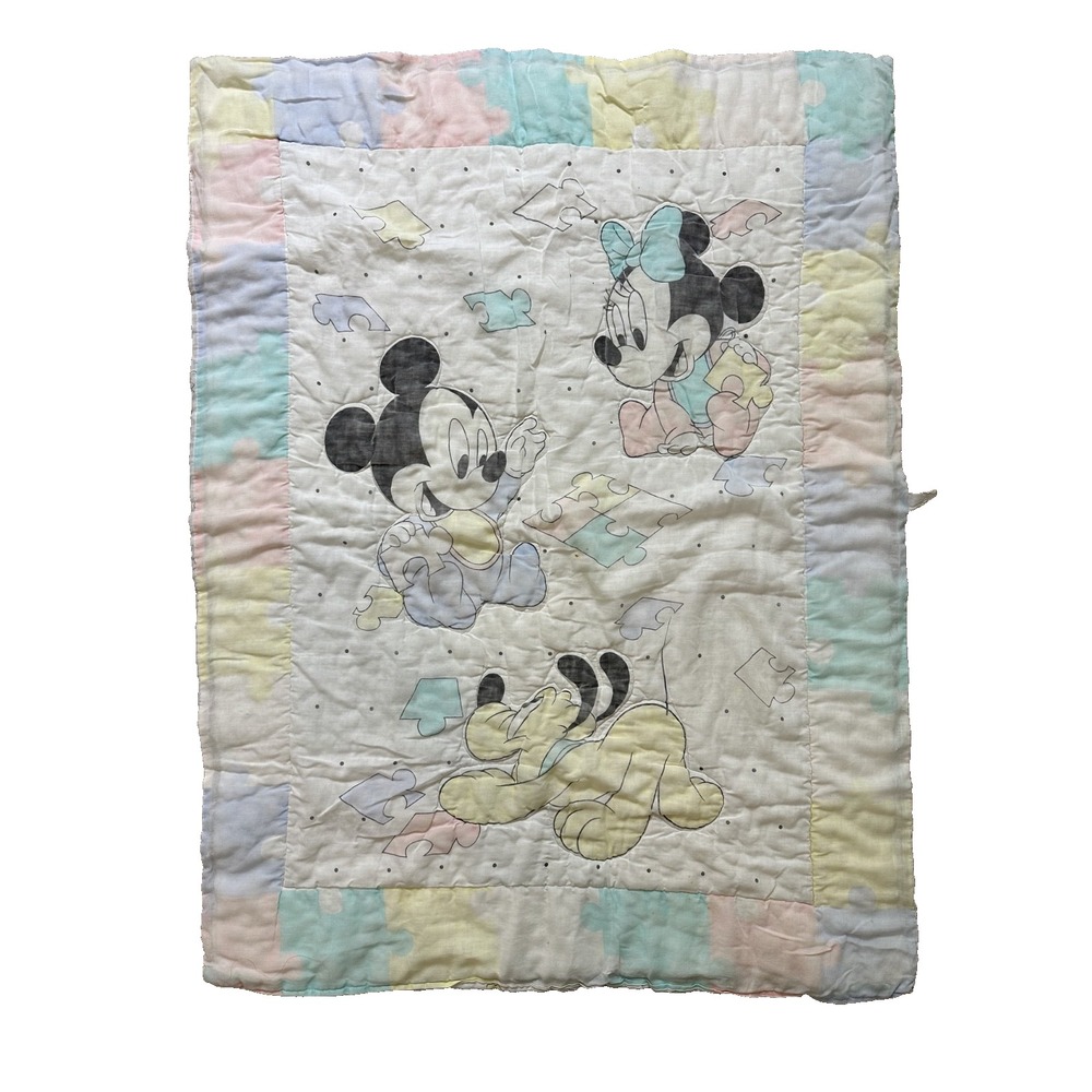 VTG Dundee Disney Mickey Mouse Baby Blanket Quilt Minnie Pluto Puzzle 41x32